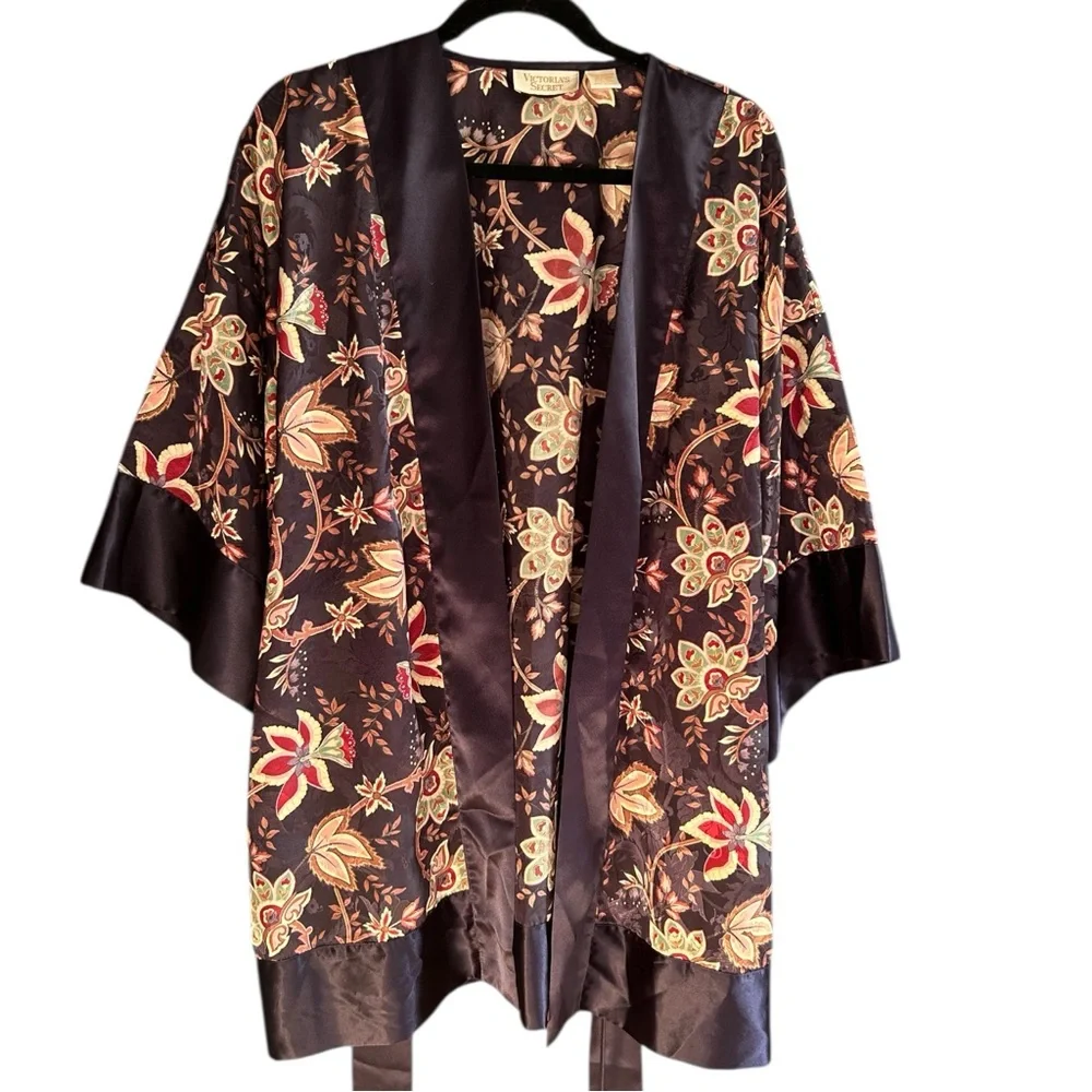 VINTAGE VICTORIA’S‎ SECRET Gold Label Midnight Navy Floral Satin Kimono Robe OS